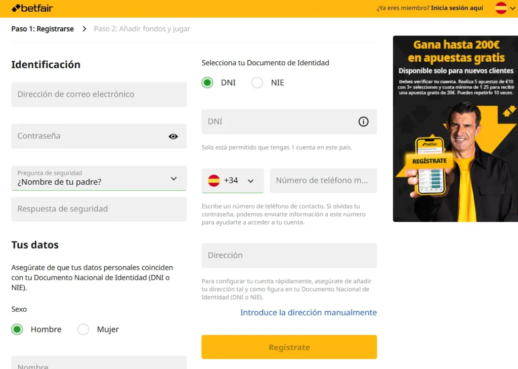 Registro de Betfair Sportsbook